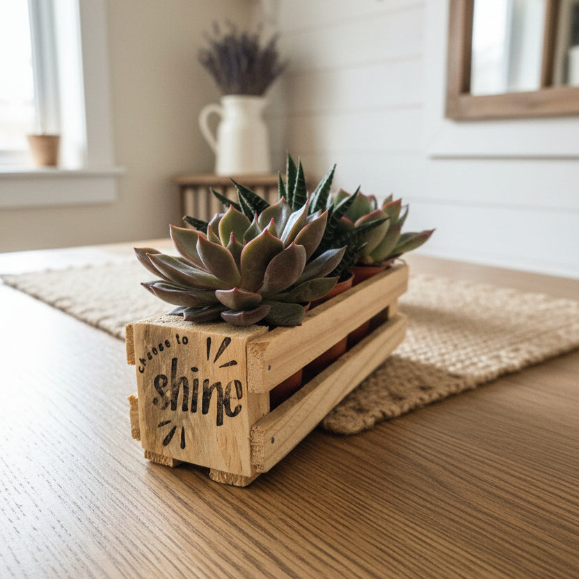 A small rectangular wooden planter box made from pallet wood with the word 'shine' printed on the side, holding a cluster of green succulent plants, set on a light wood tabletop against a neutral wall.