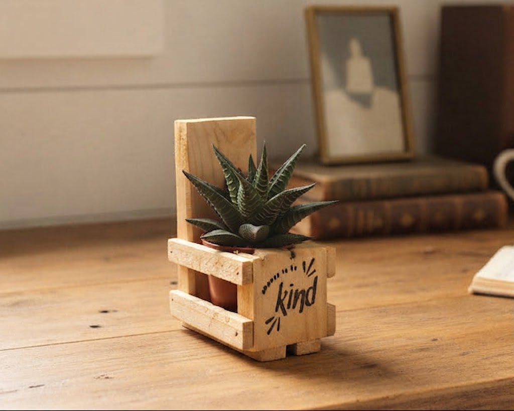 A small potted succulent in a wooden crate-style planter made from pallet wood with the word 'kind' engraved on the front, placed on a wooden tabletop in a softly lit room.
