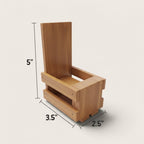 A small wooden crate made from pallet wood shown on a light beige background with dimension lines and labels indicating 5 inches tall, 3.5 inches wide, and 2.